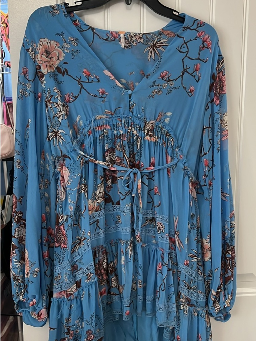 Free People Sky-Blue Floral Tiered Long Sleeve Dress